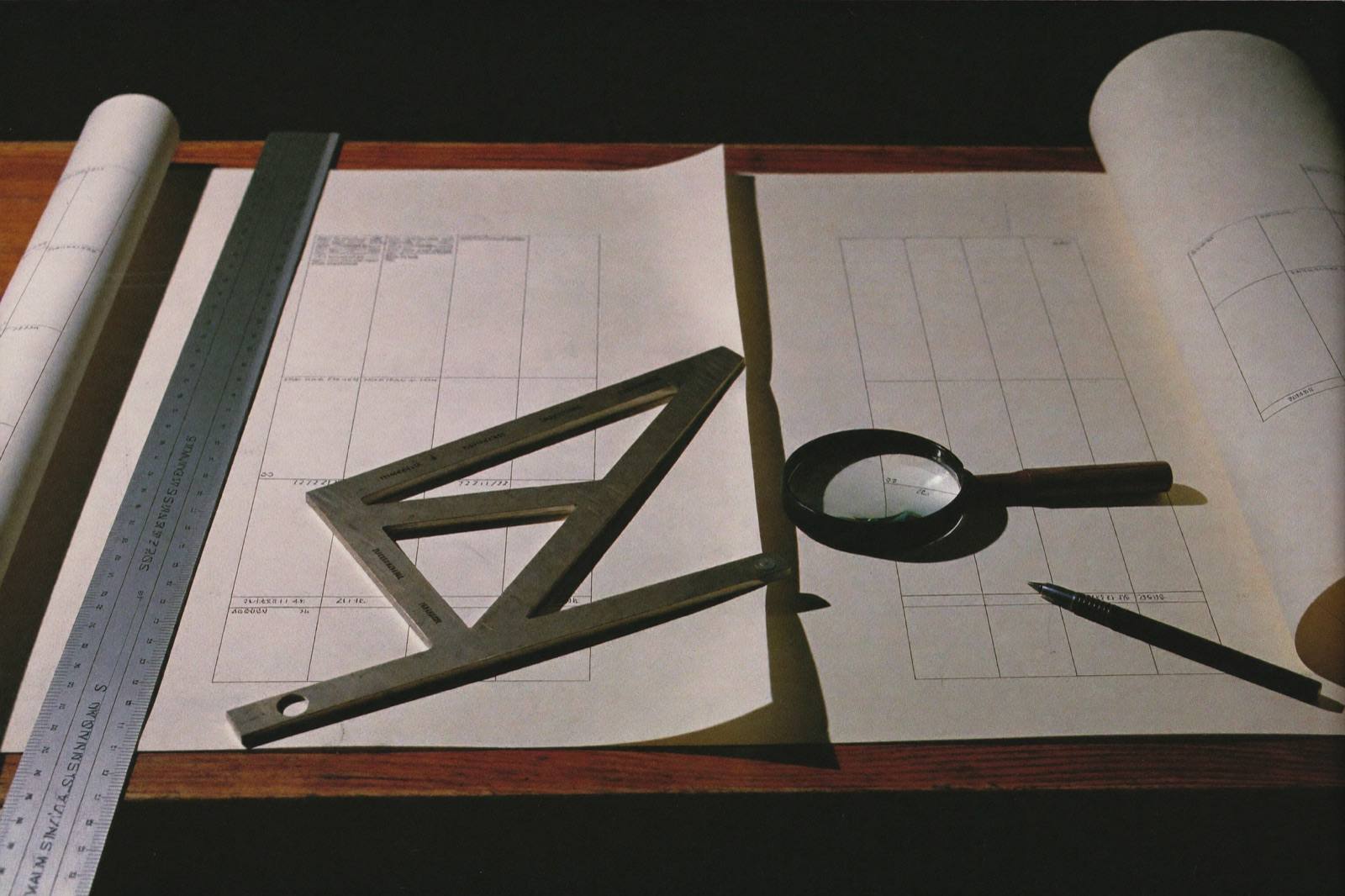 A survey table under raking light: a set square, steel straightedge and magnifying loupe resting on blank schedule sheets.