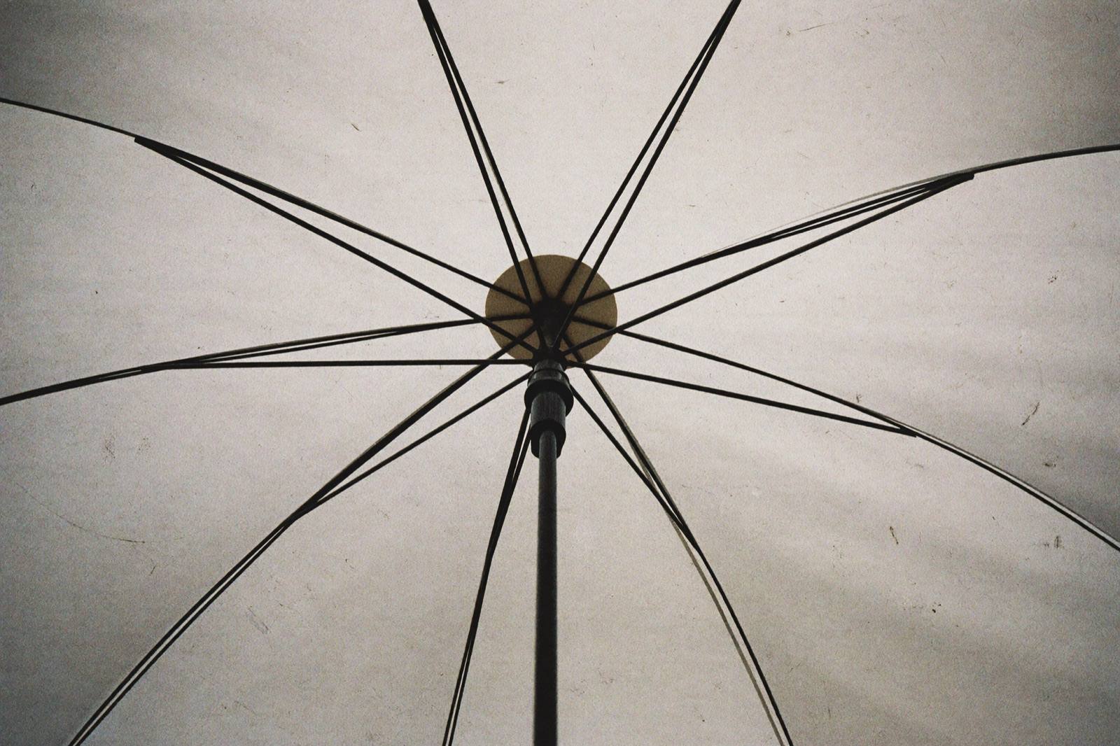 Looking up into the canopy of a vast umbrella, its ribs converging on the central hub against glowing fabric.